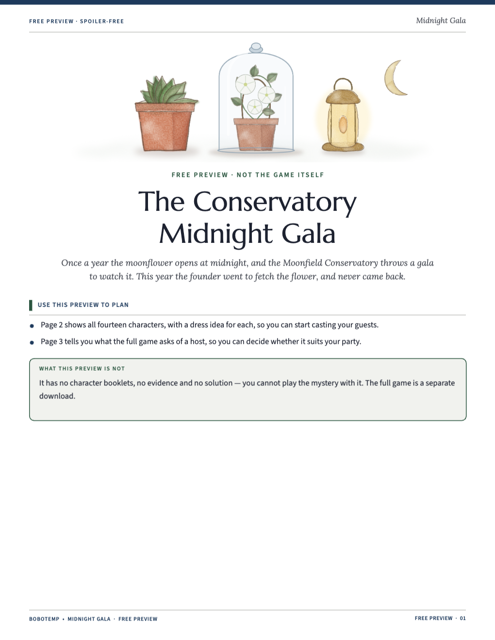 Cover of the free preview with a potted palm, a white moonflower under a glass cloche, a brass lantern and a crescent moon