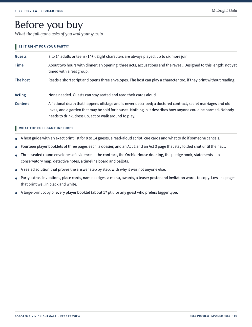 Planning page: guests, time, the host’s role and what the full game includes