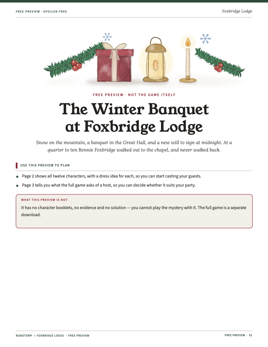 Cover of the free preview with pine sprigs, a wrapped gift, a brass lantern and a candle
