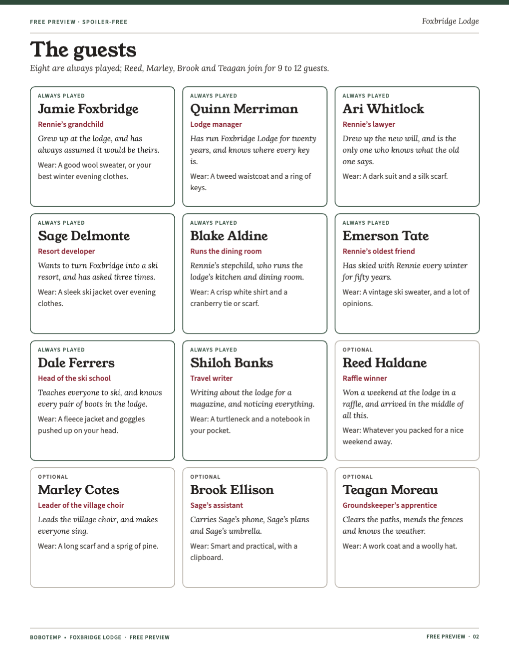The twelve characters with their roles, one-line hooks and dress ideas