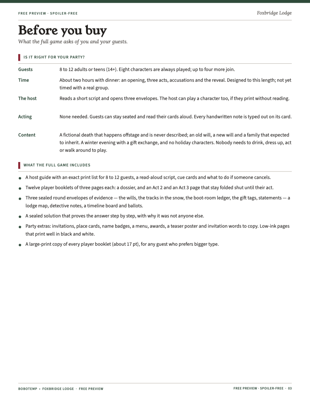 Planning page: guests, time, the host’s role and what the full game includes