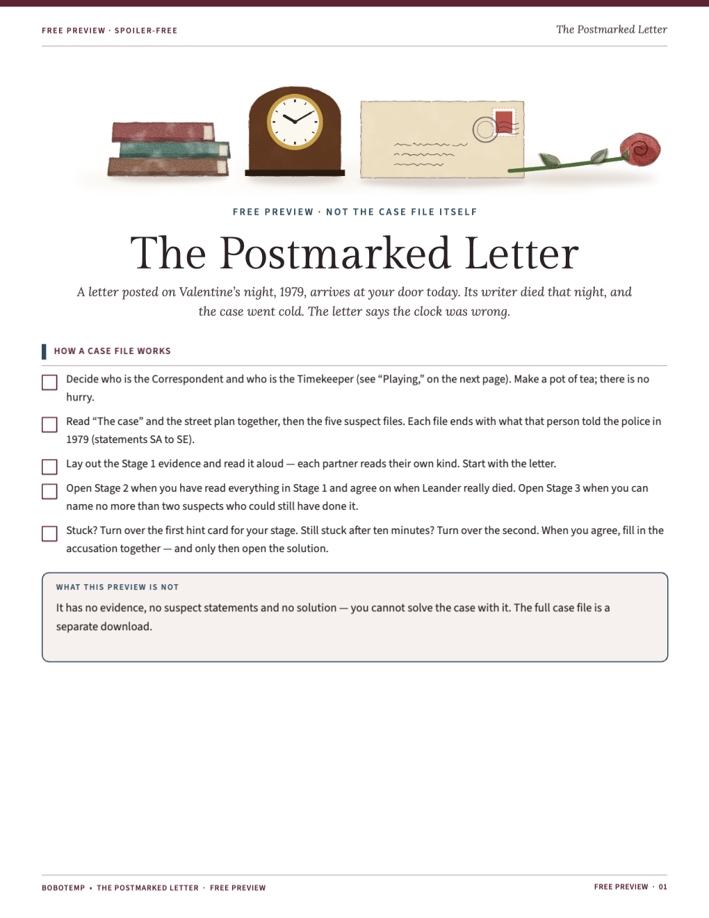 Cover of the free preview with a stack of books, a mantel clock, an old postmarked envelope and a red rose