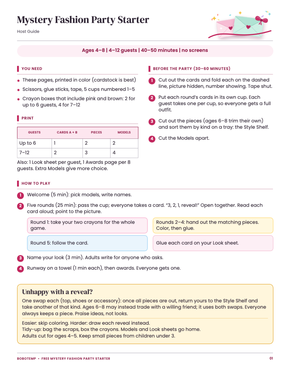 Host guide with supplies, a print table, preparation steps, how to play and the swap rule