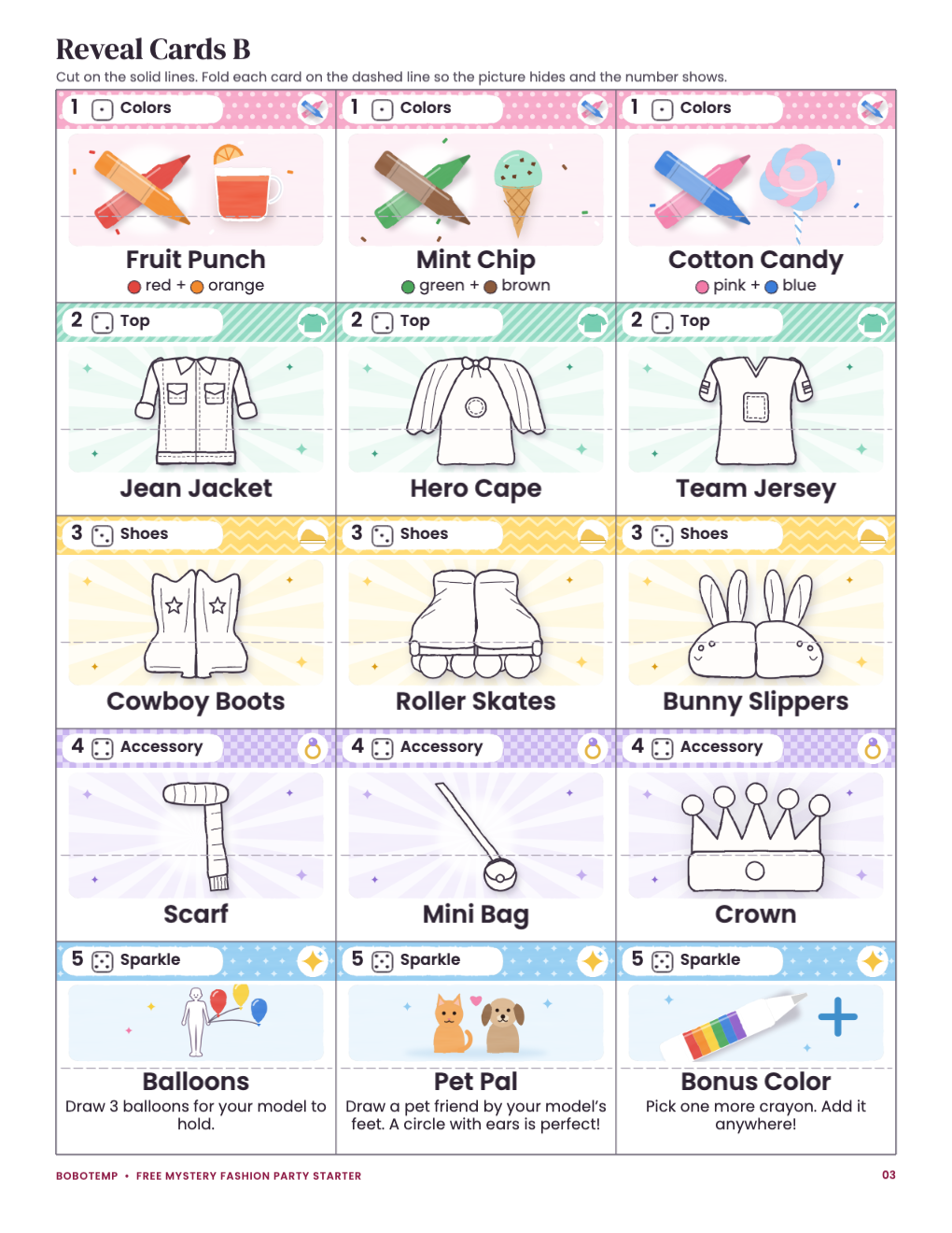Reveal Cards B: fifteen more fold-and-seal cards, one row per round