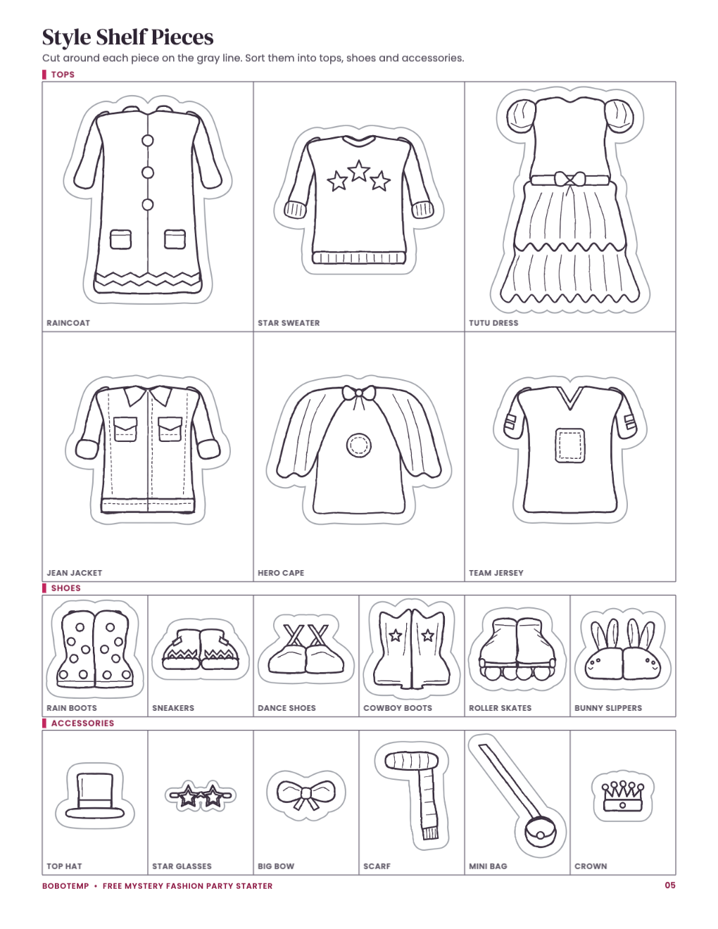 Style Shelf Pieces: six tops, six pairs of shoes and six accessories to color and cut out