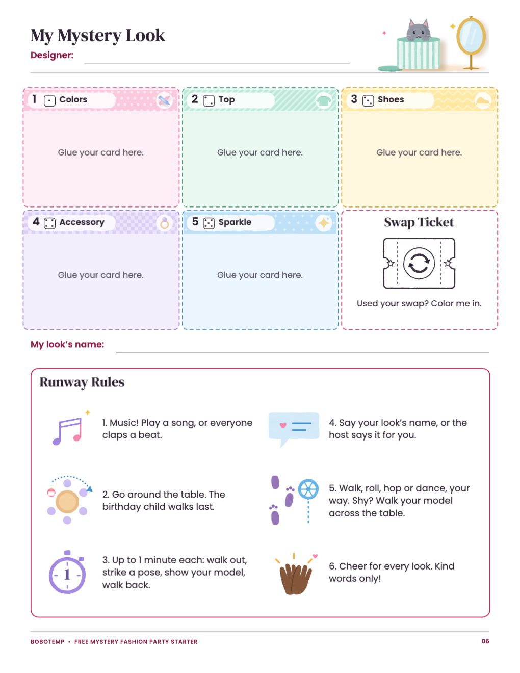 My Mystery Look sheet with five card slots, a swap ticket and the runway rules