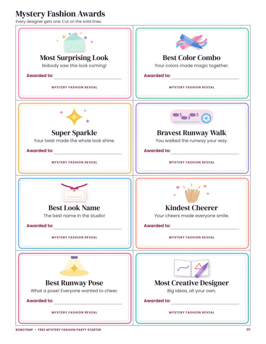 Eight Mystery Fashion Award cards that praise ideas, courage and kindness