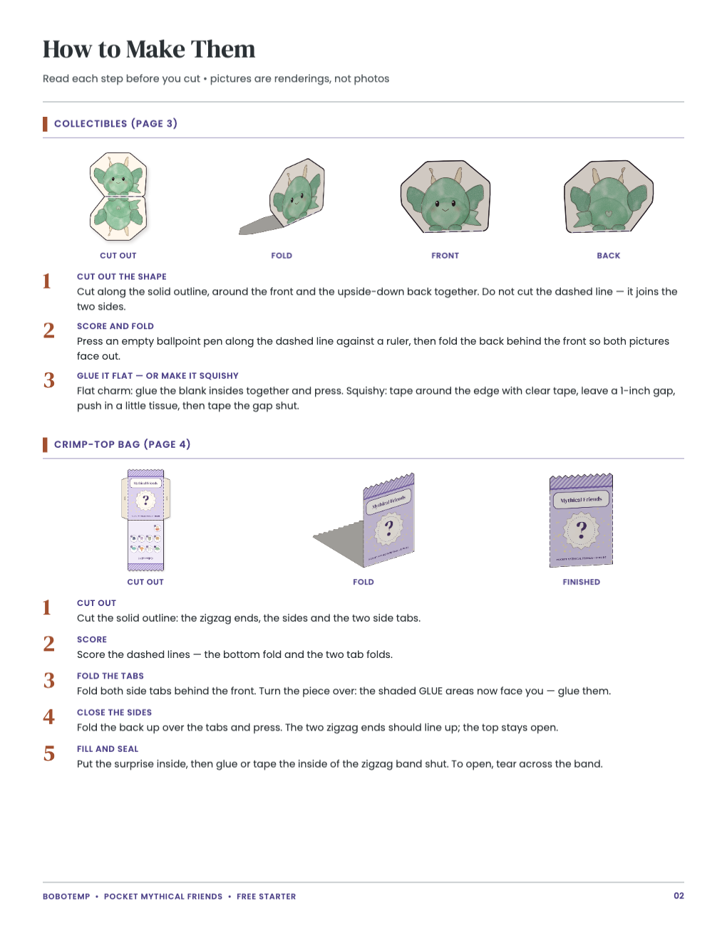 Pictured steps (renderings) for making the collectible and the bag