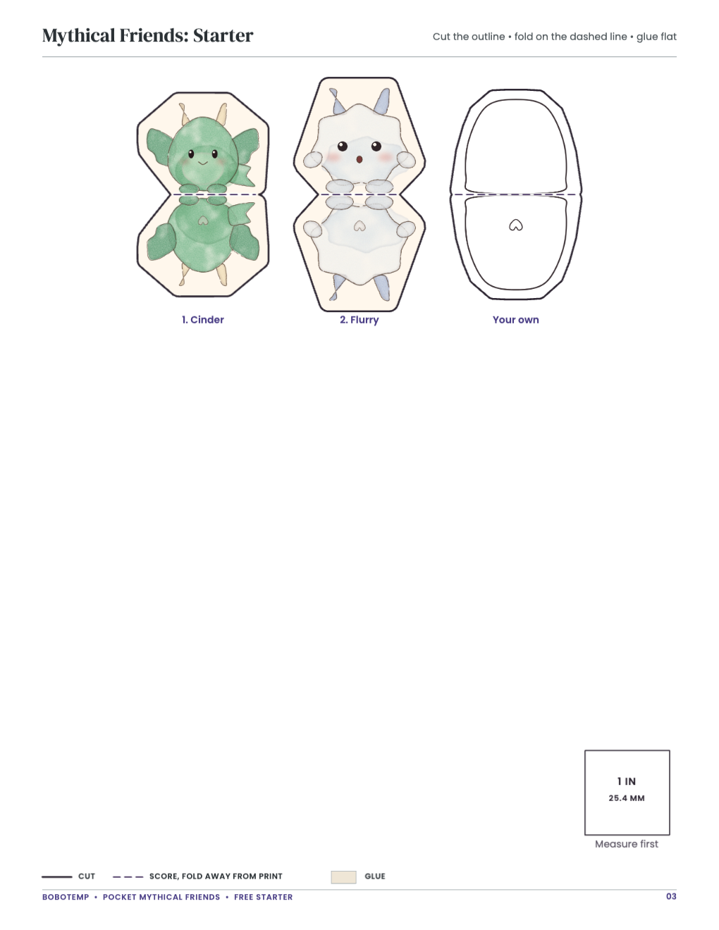 Mythical Friends: Starter: collectibles with cut and fold lines and a blank to design