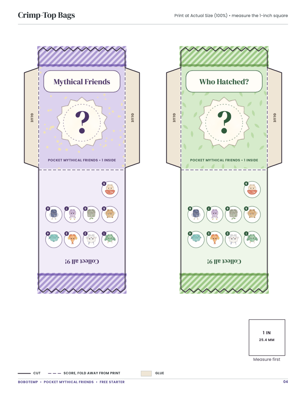 Crimp-Top Bags: bag templates with cut, score and glue lines and a 1-inch square