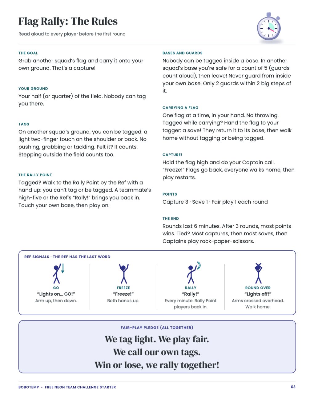Flag Rally read-aloud rules with Ref signal pictograms and a fair-play pledge