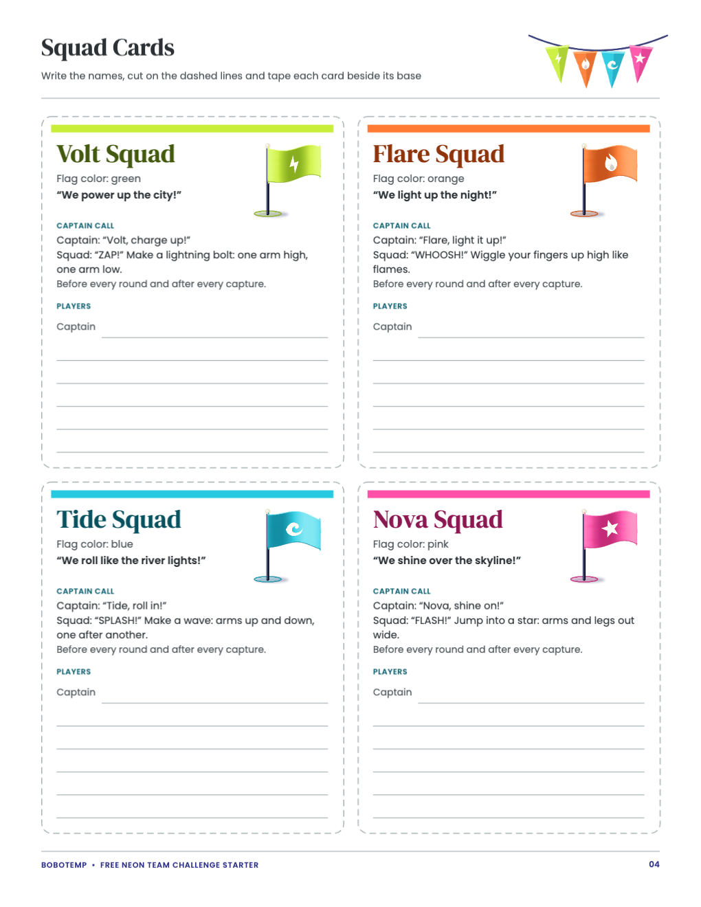 Four squad cards for Volt, Flare, Tide and Nova with painted flags, Captain calls and name lines