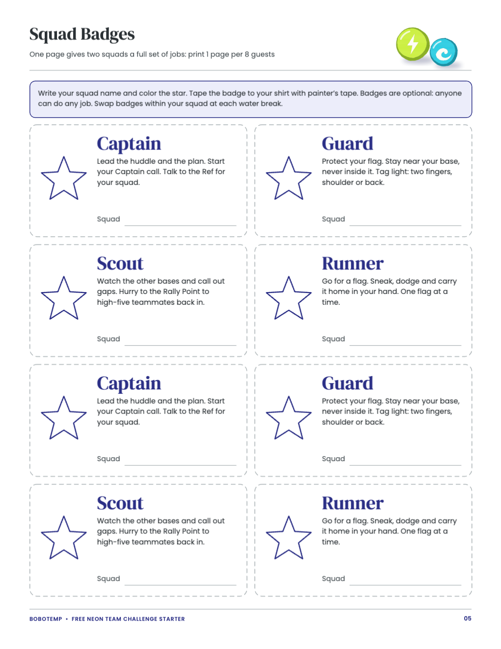 Eight squad badges for Captain, Guard, Scout and Runner, each with a star to color
