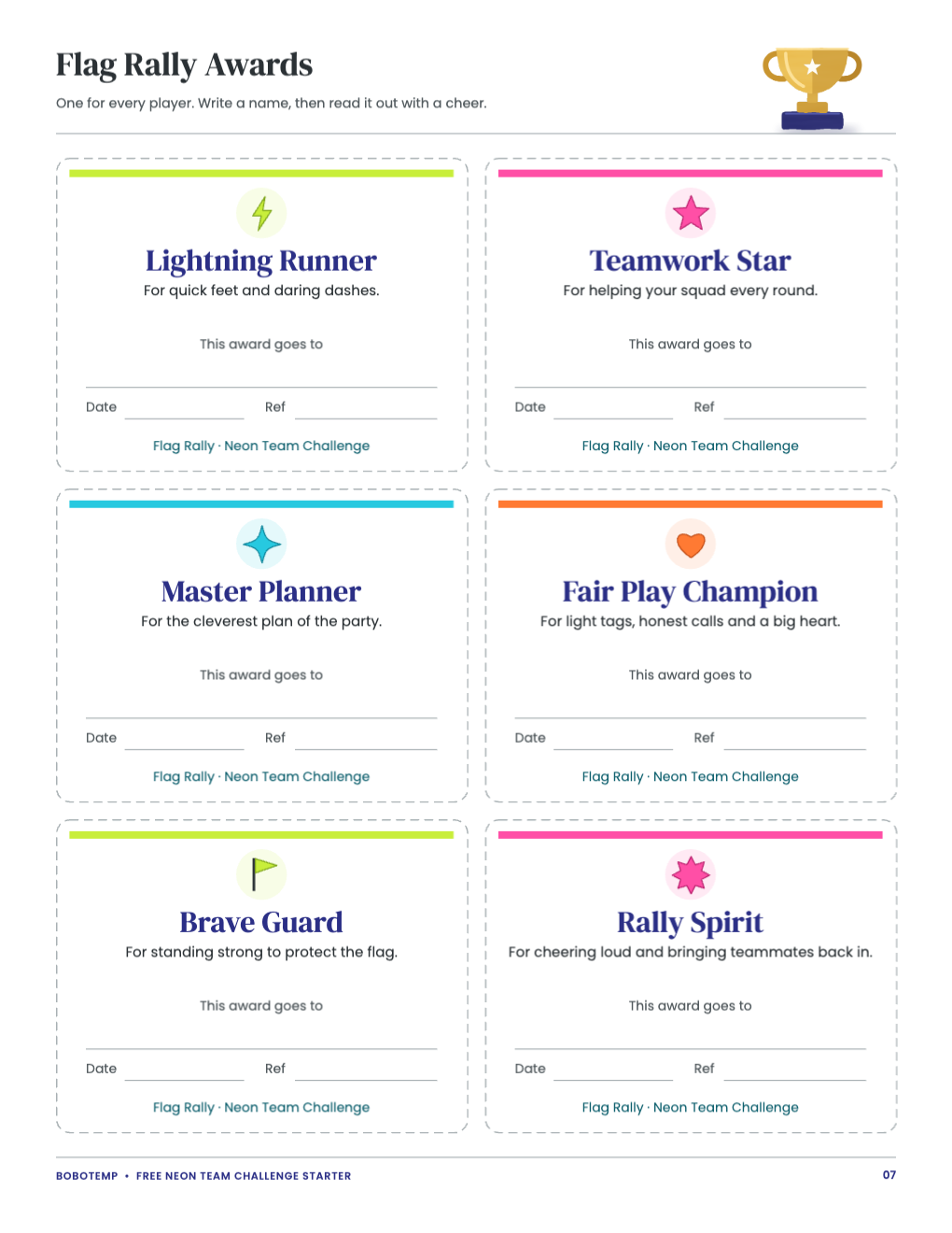 Six cut-out award cards, from Lightning Runner to Rally Spirit, with name, date and Ref lines