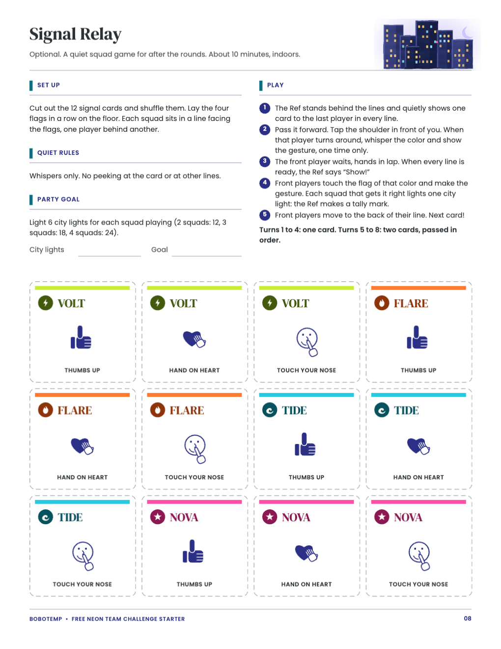 Signal Relay rules and twelve cut-out signal cards in the four squad colors