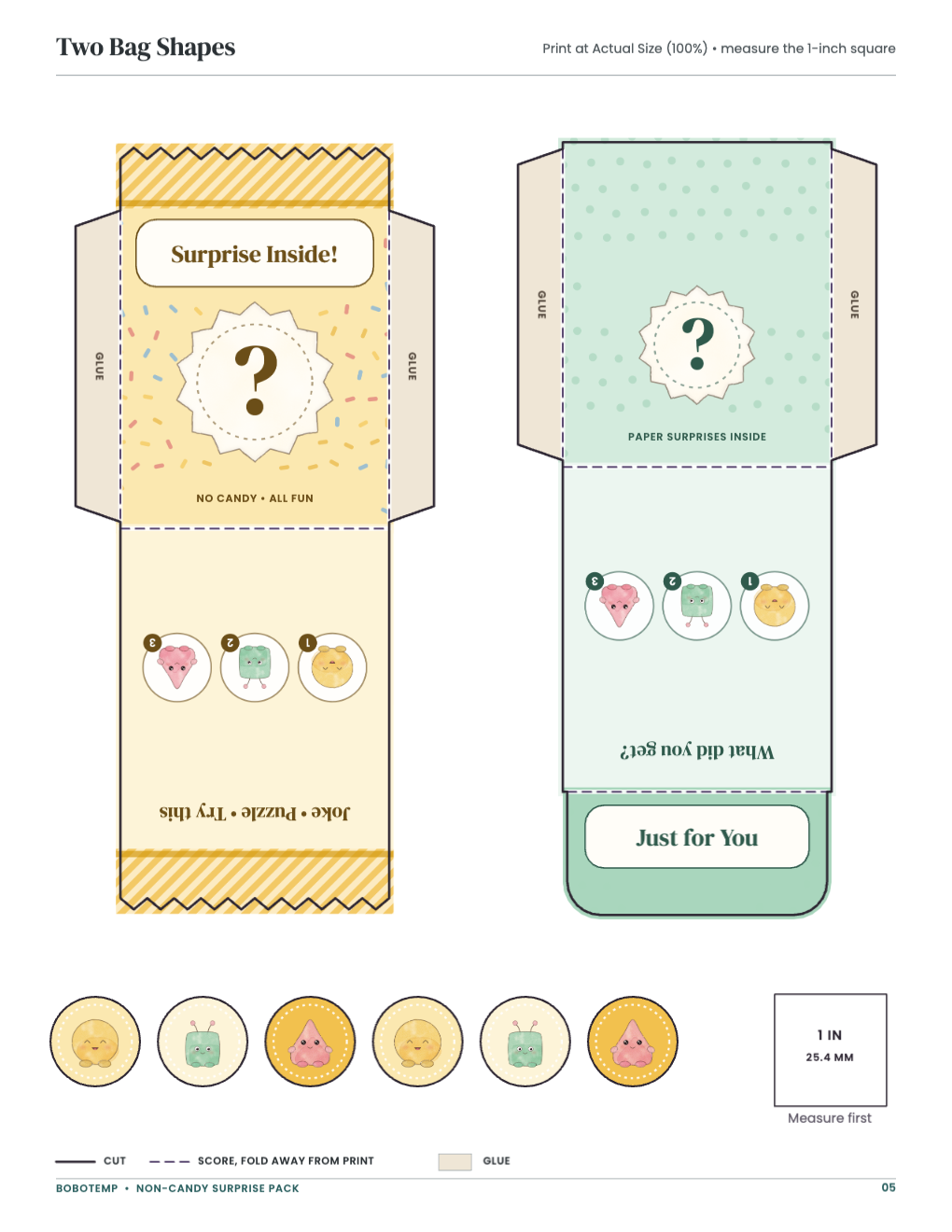 Two Bag Shapes: bag templates with cut, score and glue lines and a 1-inch square