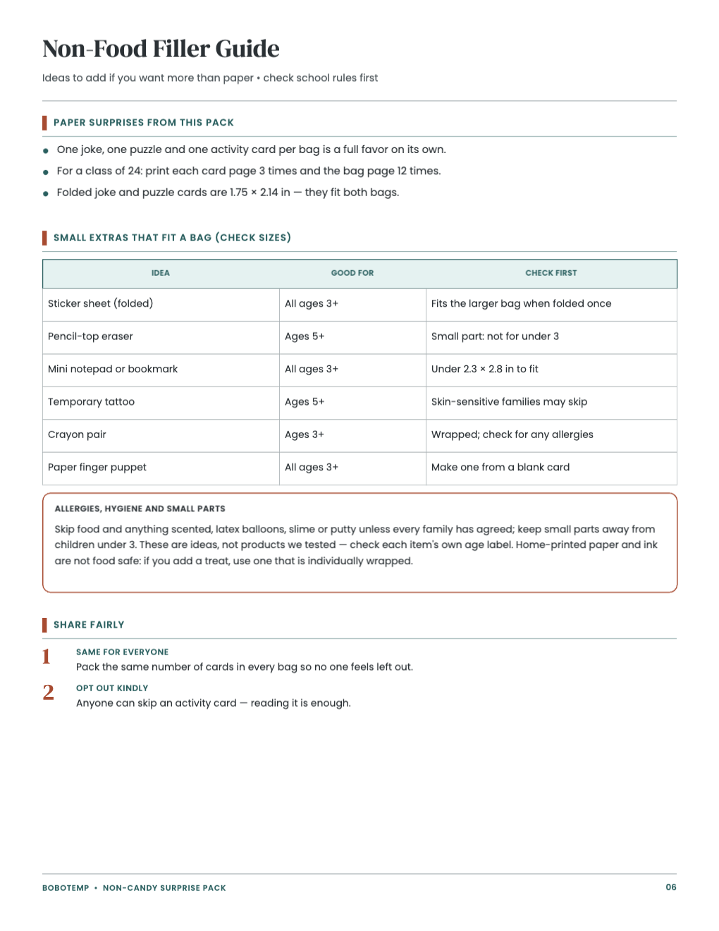 Non-Food Filler Guide page