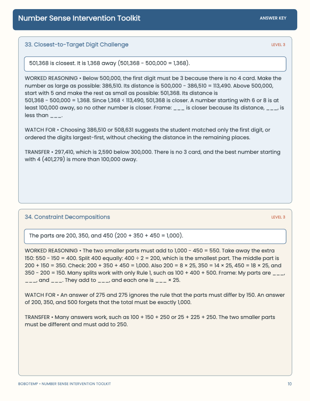 Number Sense Intervention Toolkit worked answer page