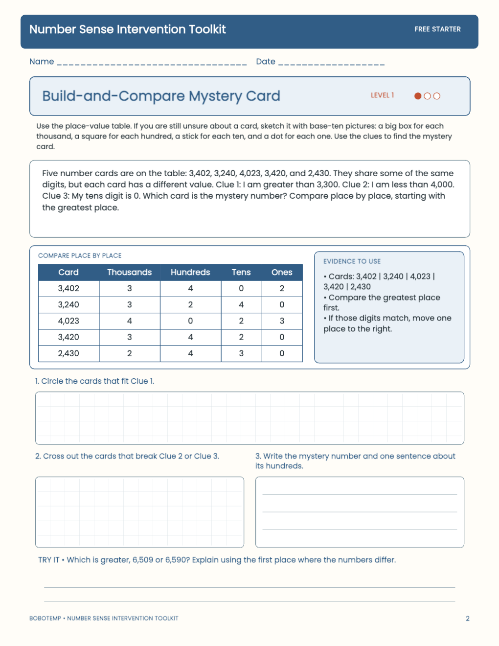 Number Sense Intervention Toolkit free activity page 1