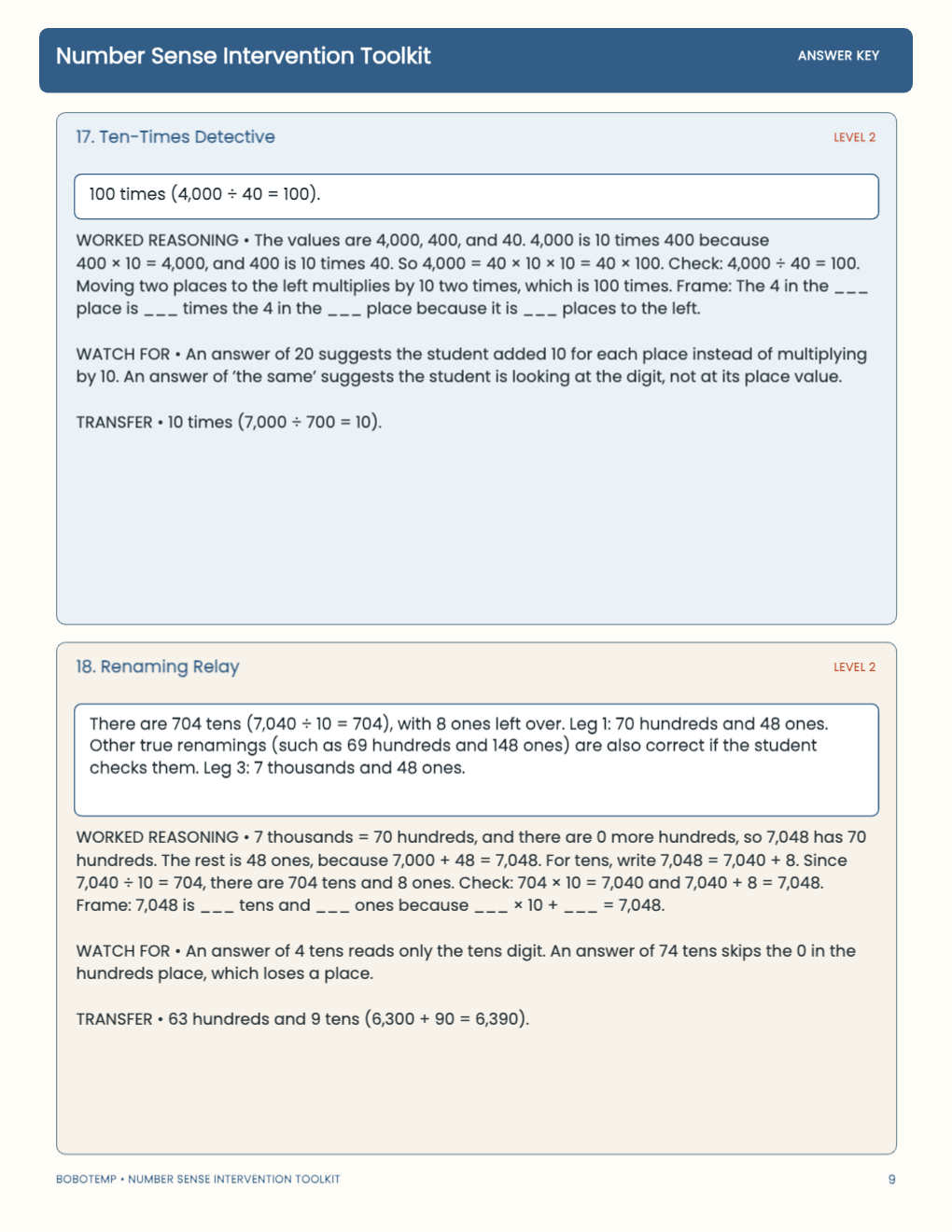 Number Sense Intervention Toolkit worked answer page