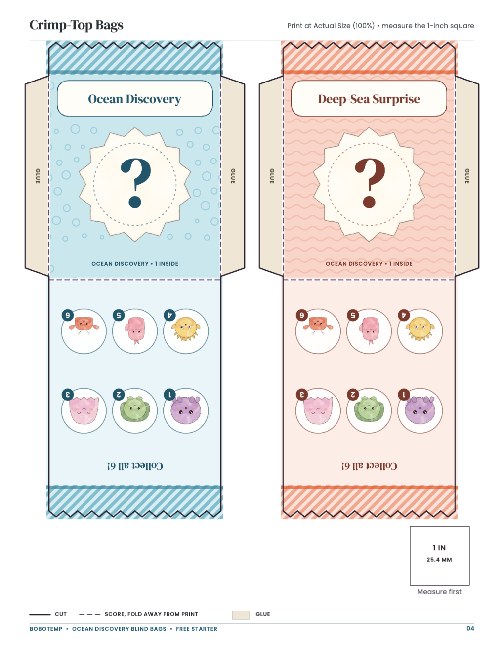 Crimp-Top Bags: bag templates with cut, score and glue lines and a 1-inch square
