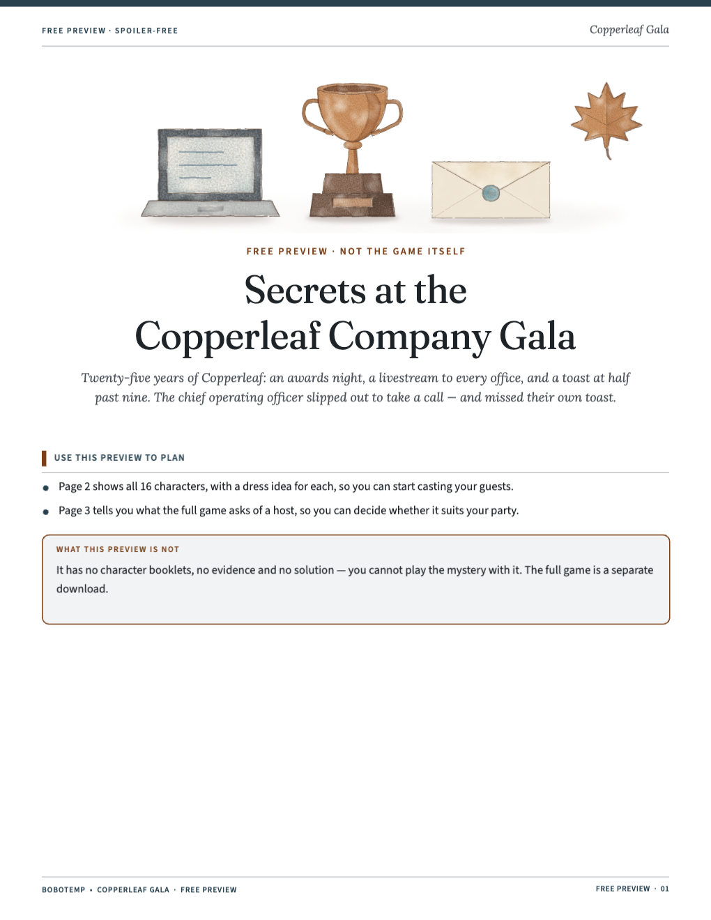 Cover of the free preview with a laptop, a copper-toned award, a lanyard and a copper leaf