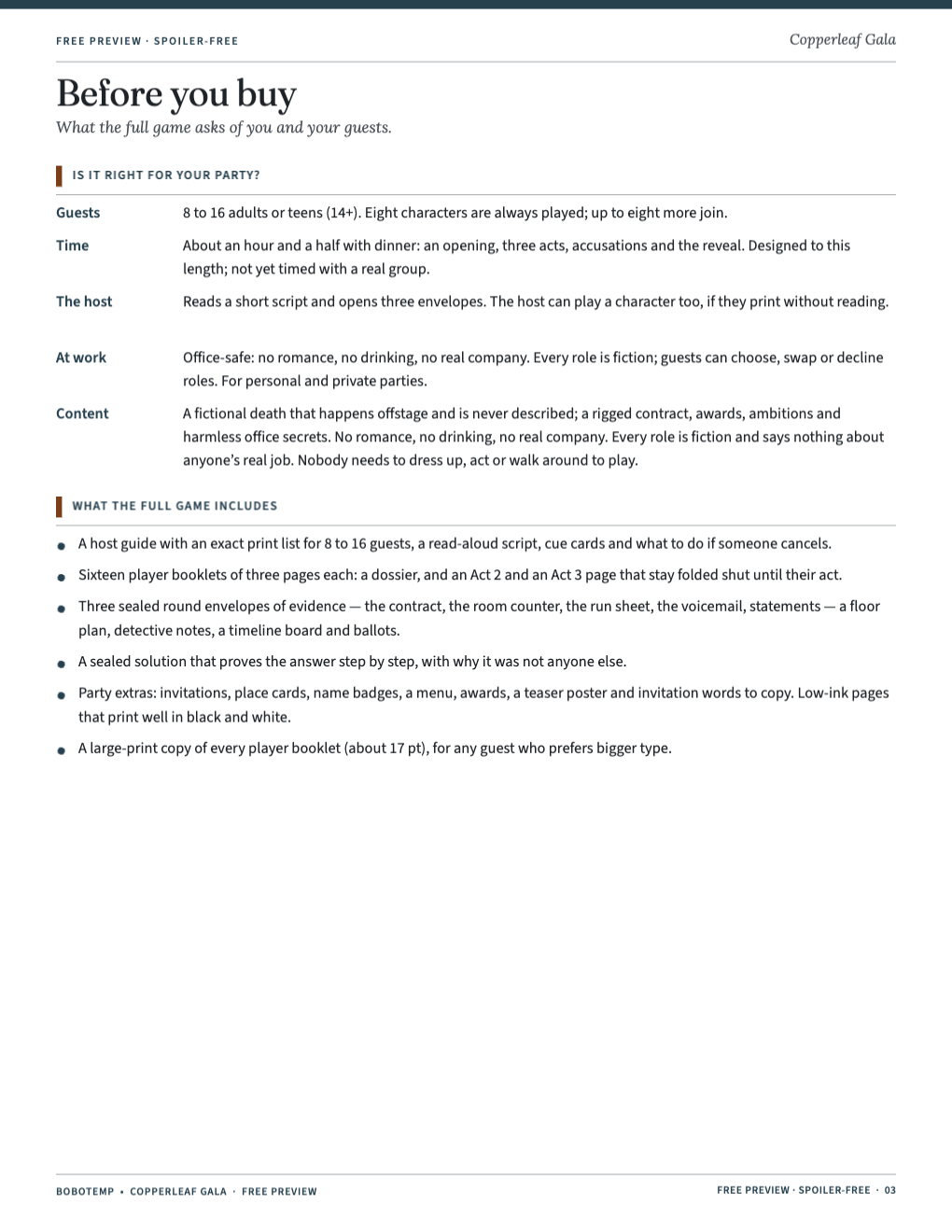 Planning page: guests, time, the host’s role, office-safe notes and what the full game includes