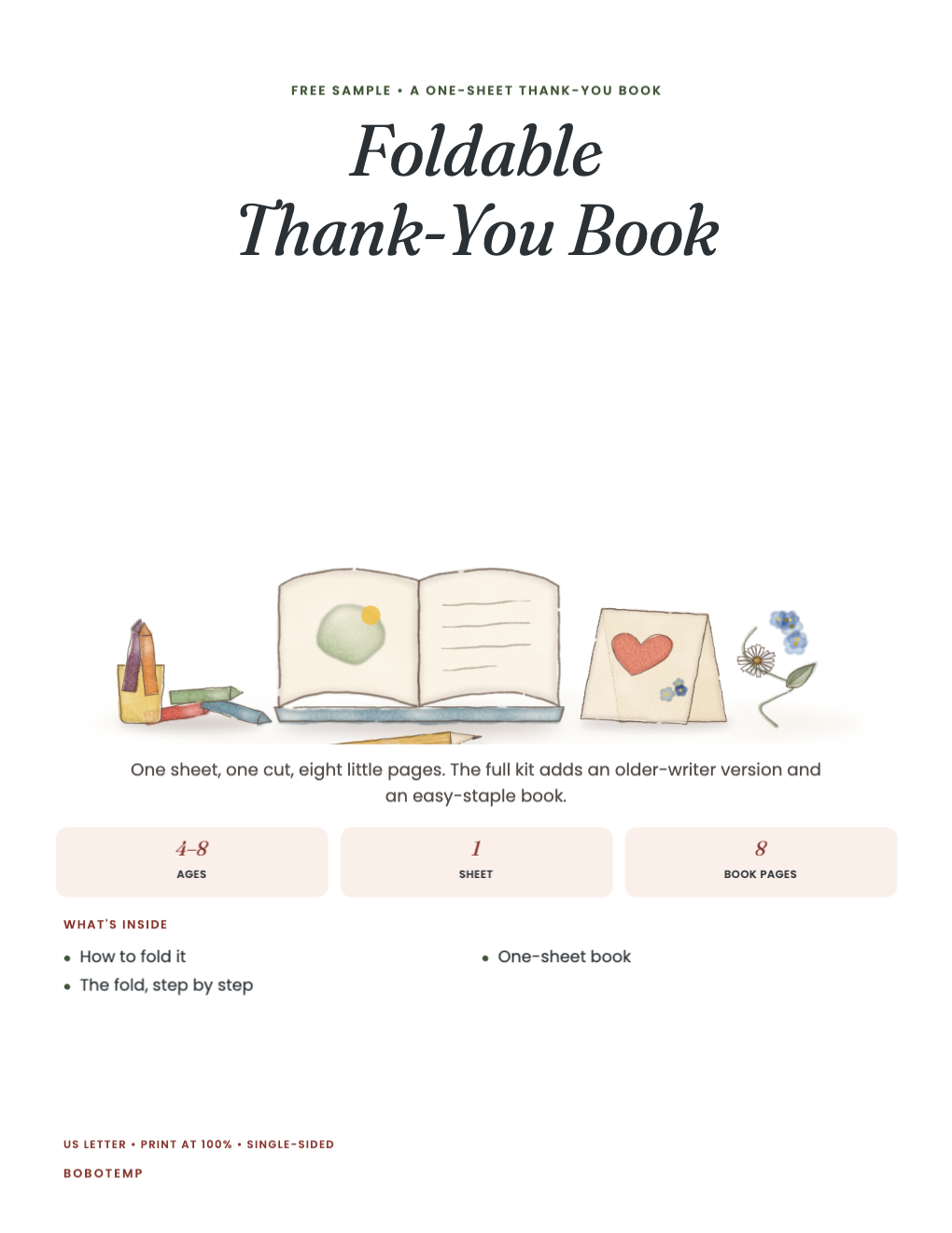 Foldable thank-you book sampler cover with a painted open book and a card