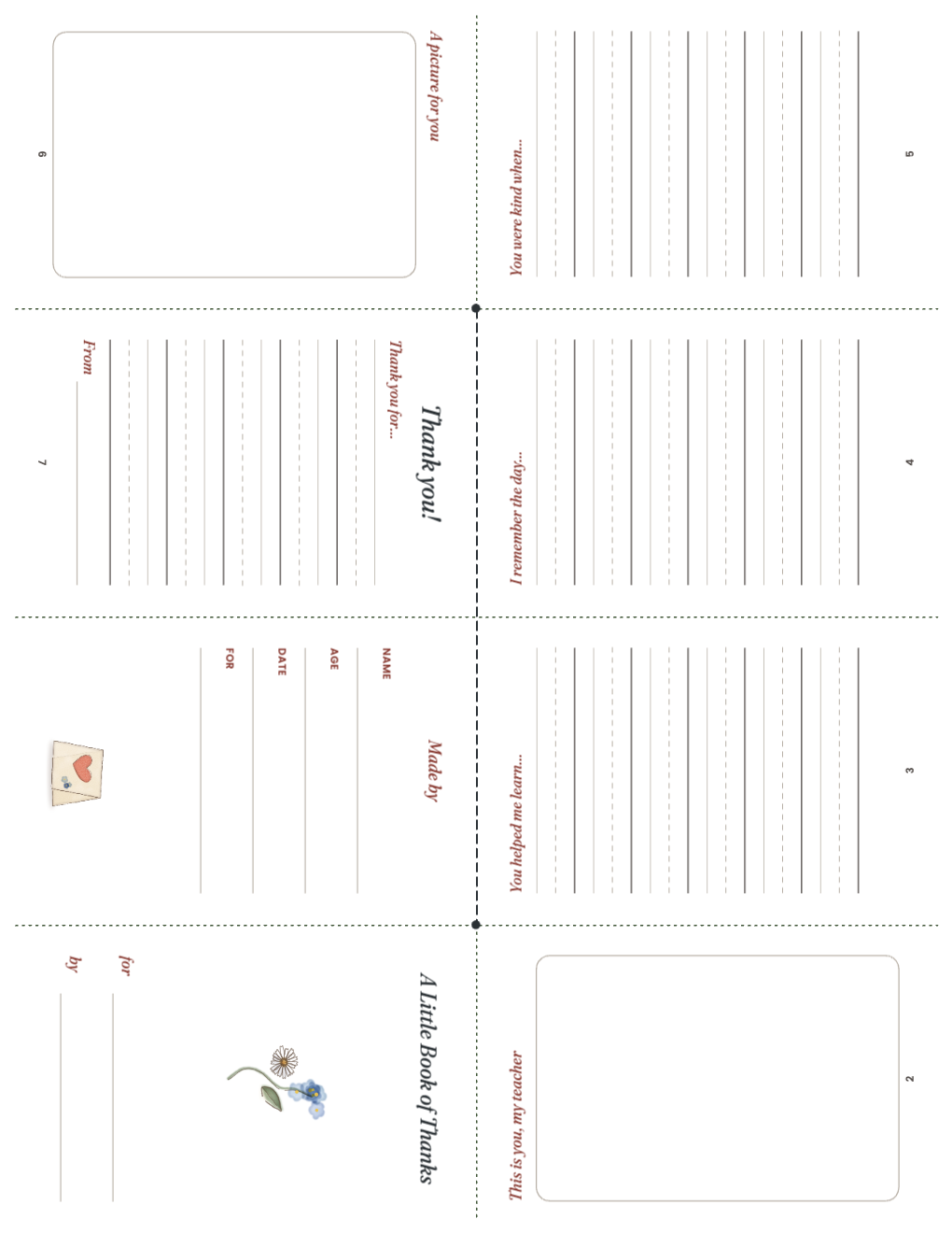 A whole eight-panel thank-you book on one sheet, with drawing and writing panels