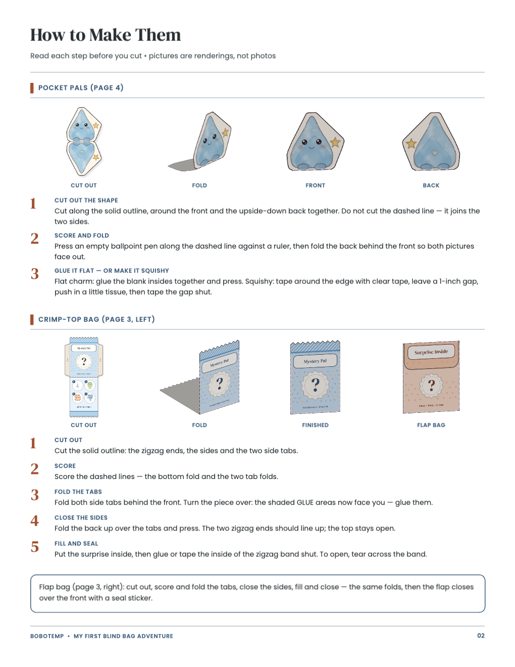 Pictured steps (renderings) for making the collectible and the bag