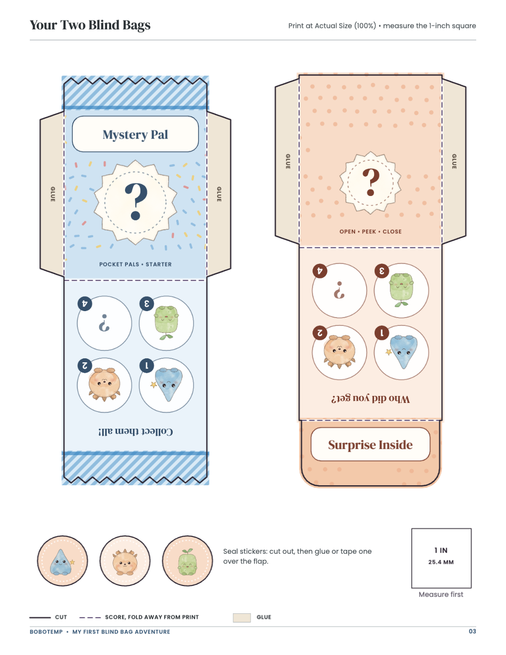 Your Two Blind Bags: bag templates with cut, score and glue lines and a 1-inch square