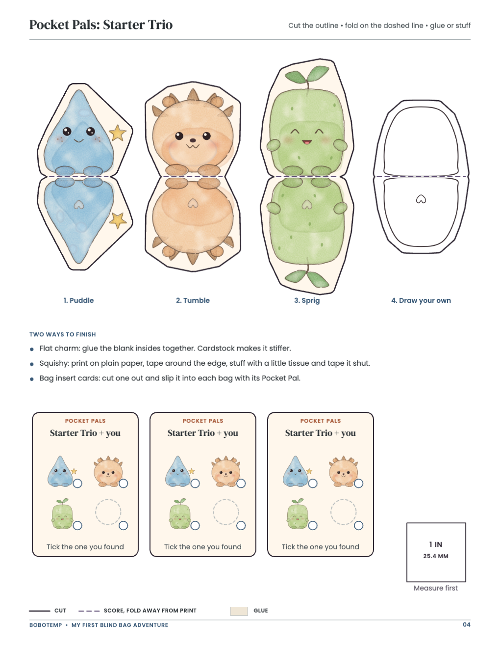Pocket Pals: Starter Trio: collectibles with cut and fold lines and a blank to design