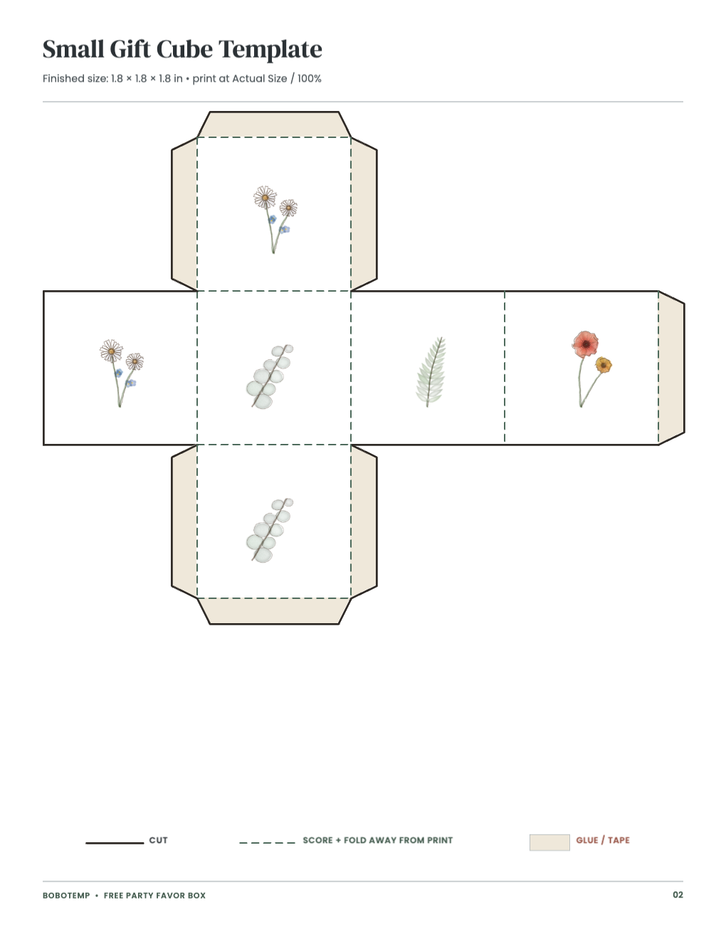 Gift cube template with cut, score and glue lines