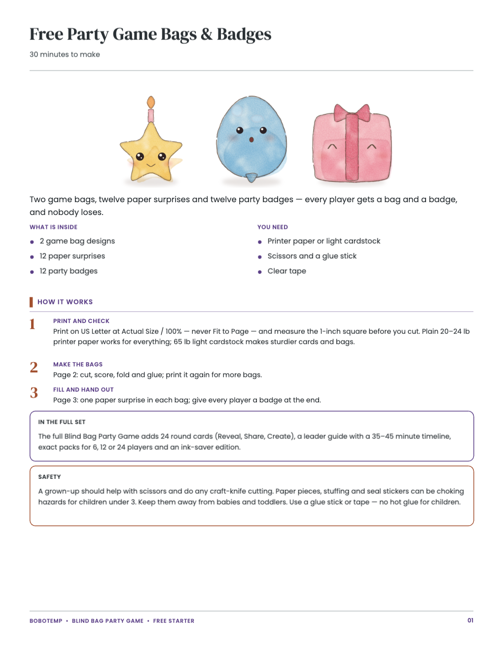 Free Party Game Bags & Badges guide: what is inside, the steps and safety notes