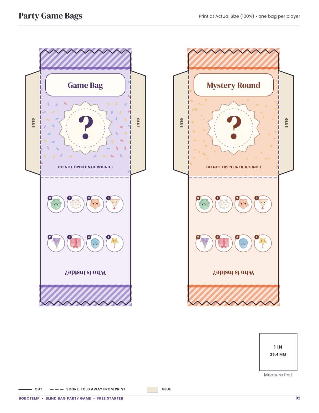 Party Game Bags: bag templates with cut, score and glue lines and a 1-inch square