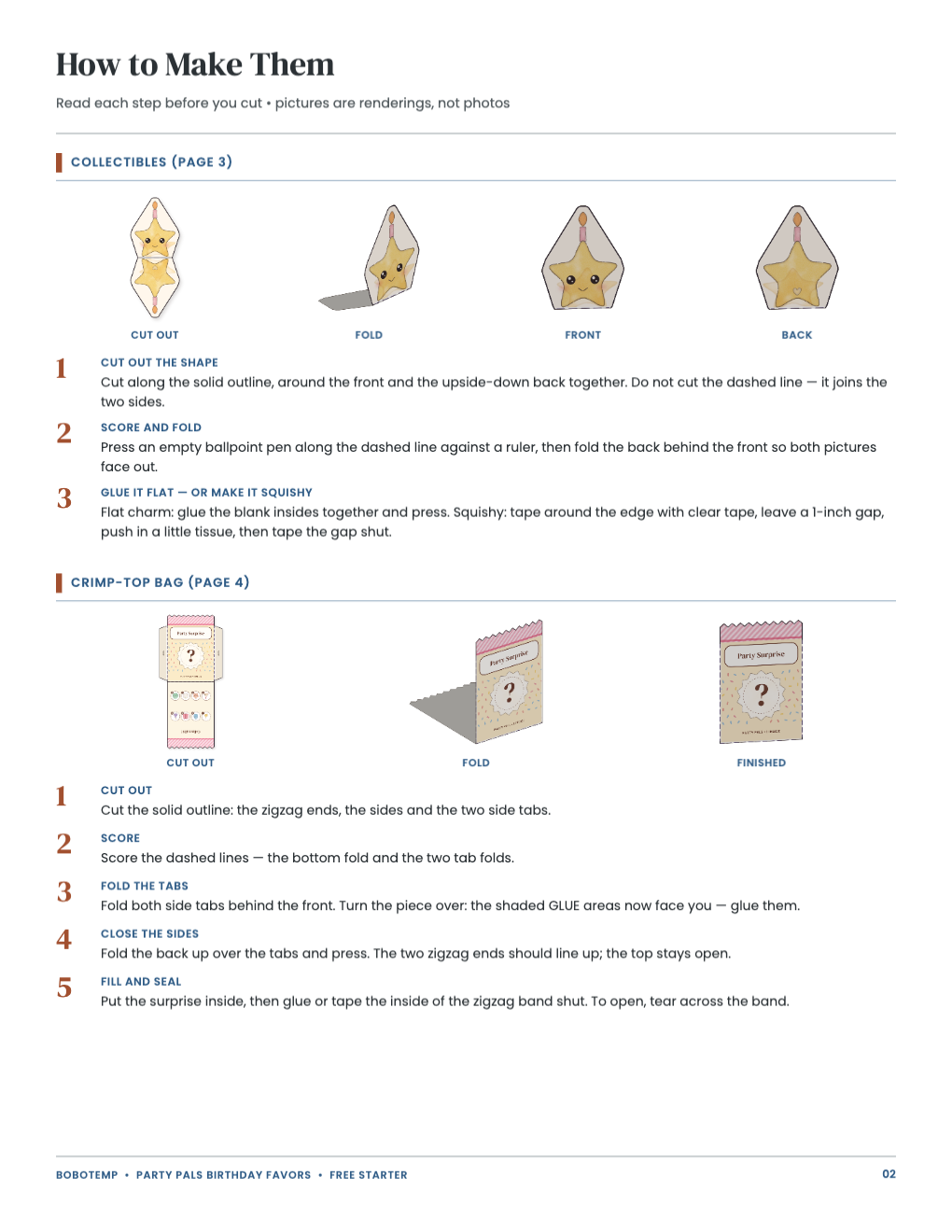 Pictured steps (renderings) for making the collectible and the bag