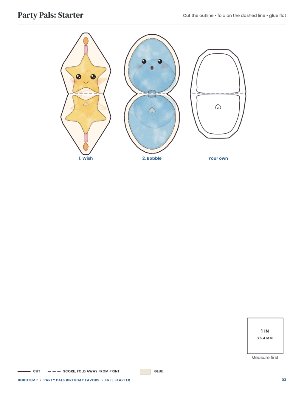 Party Pals: Starter: collectibles with cut and fold lines and a blank to design