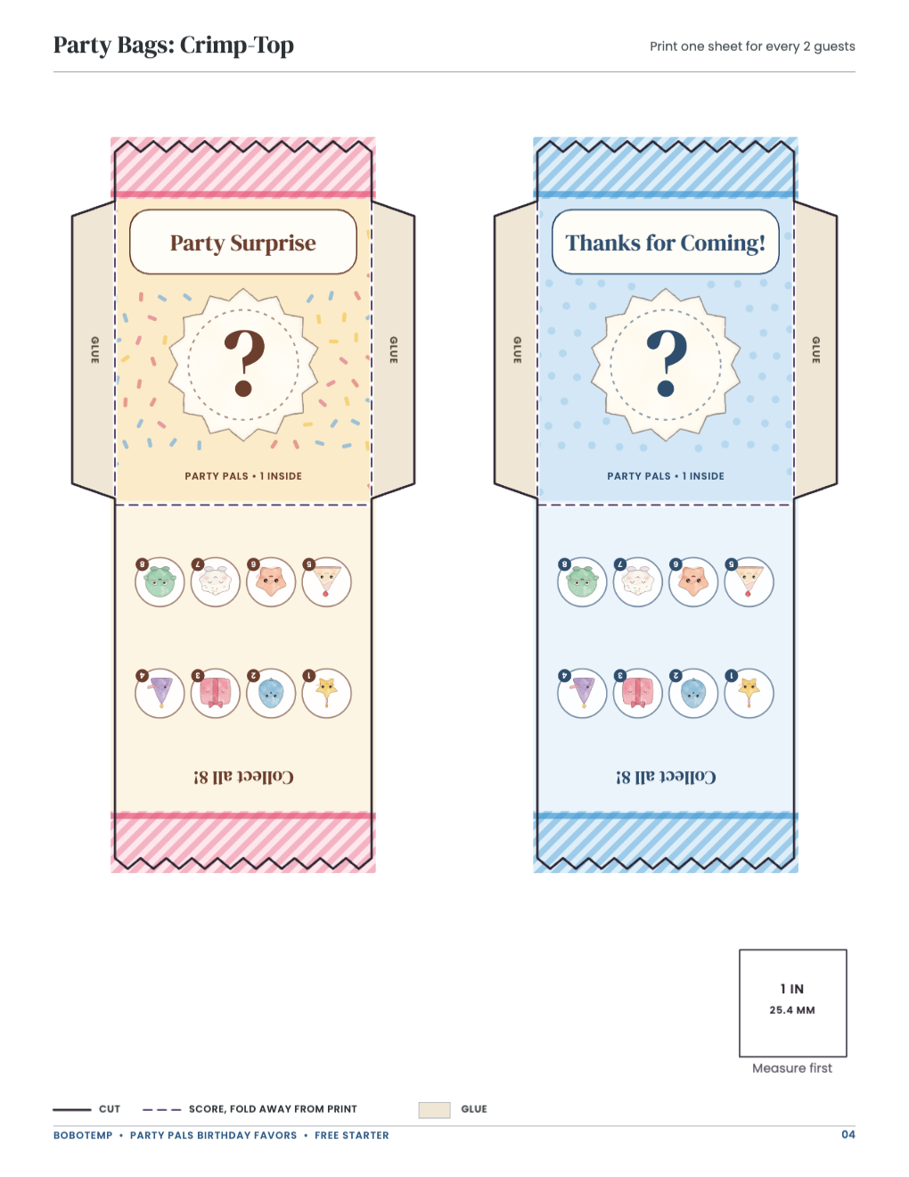 Party Bags: Crimp-Top: bag templates with cut, score and glue lines and a 1-inch square