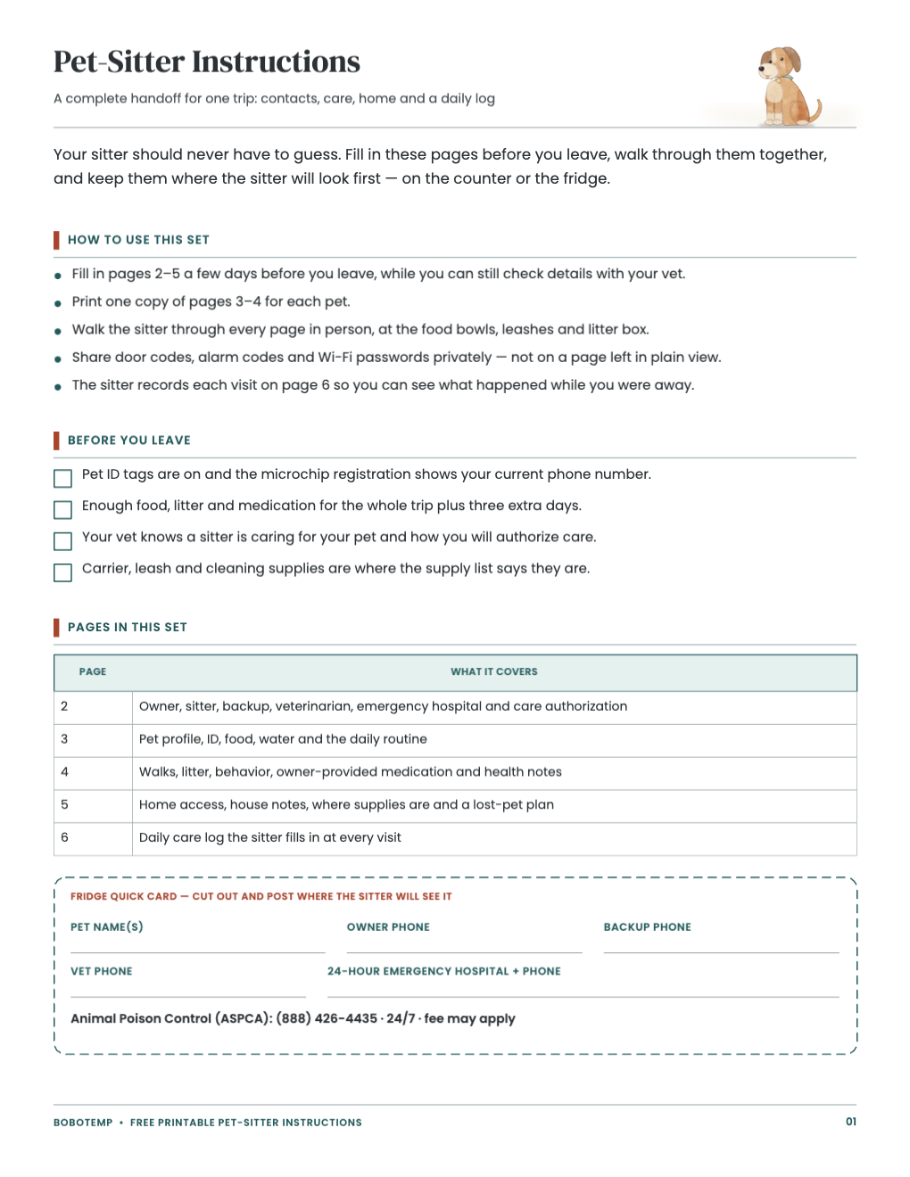 Pet-sitter quick-reference and instruction pages