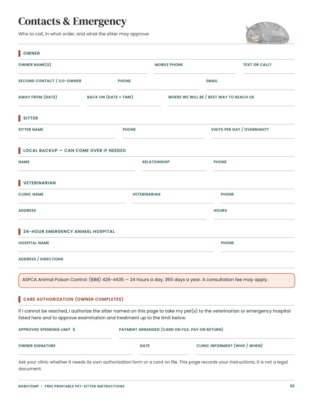 Emergency contacts for a pet sitter