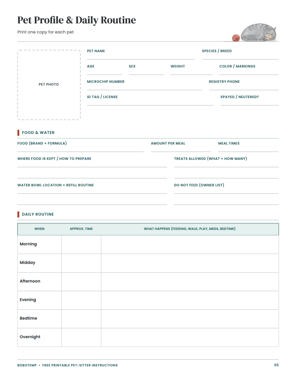 Editable daily pet routine sheet