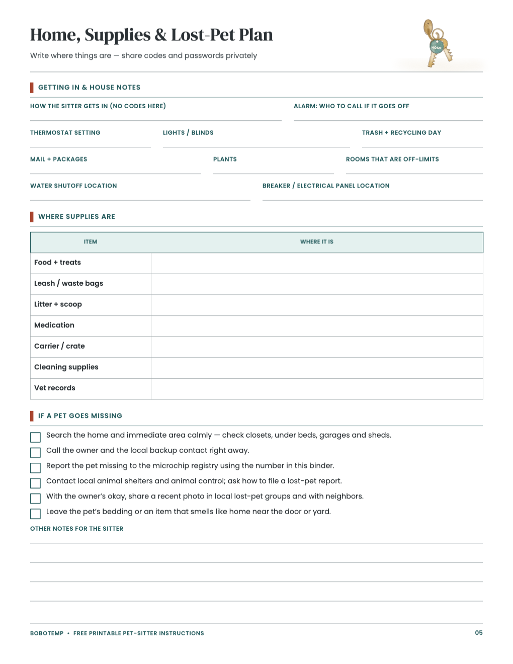Home access and lost-pet plan