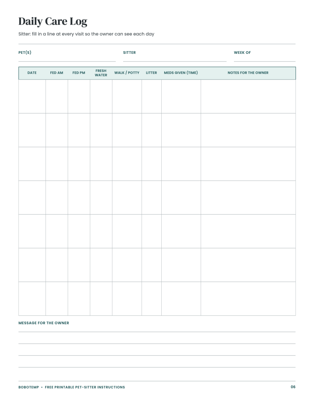 Daily pet care visit log