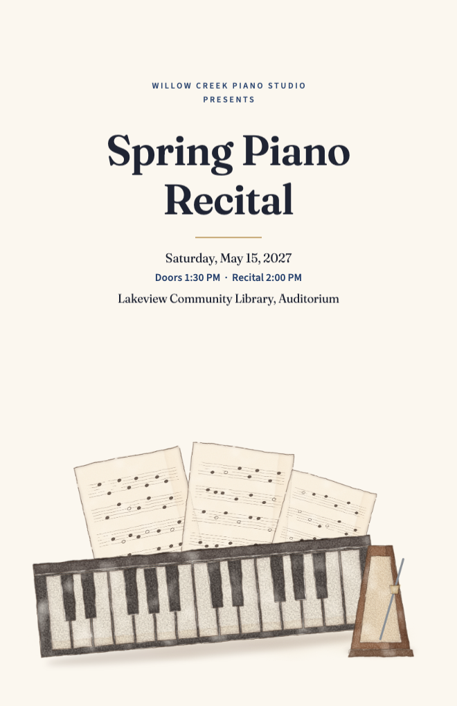 Piano recital program cover with painted piano keys, sheet music and a metronome