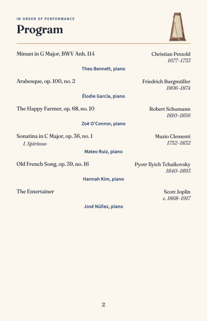 Program page: six pieces with composer, dates and performer