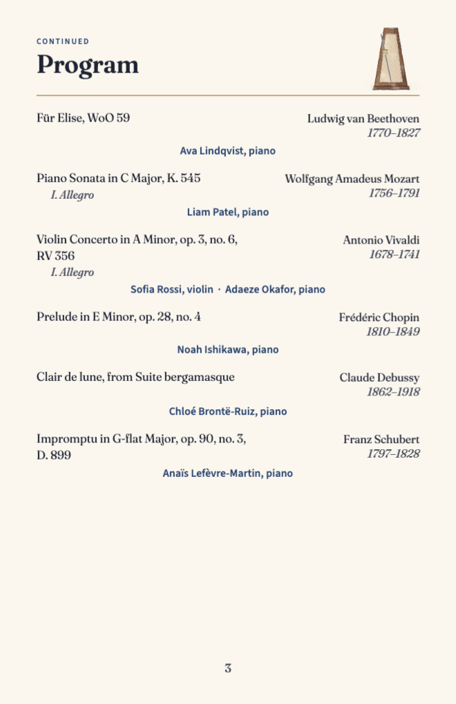 Program page continued: six more pieces including a violin piece with accompanist