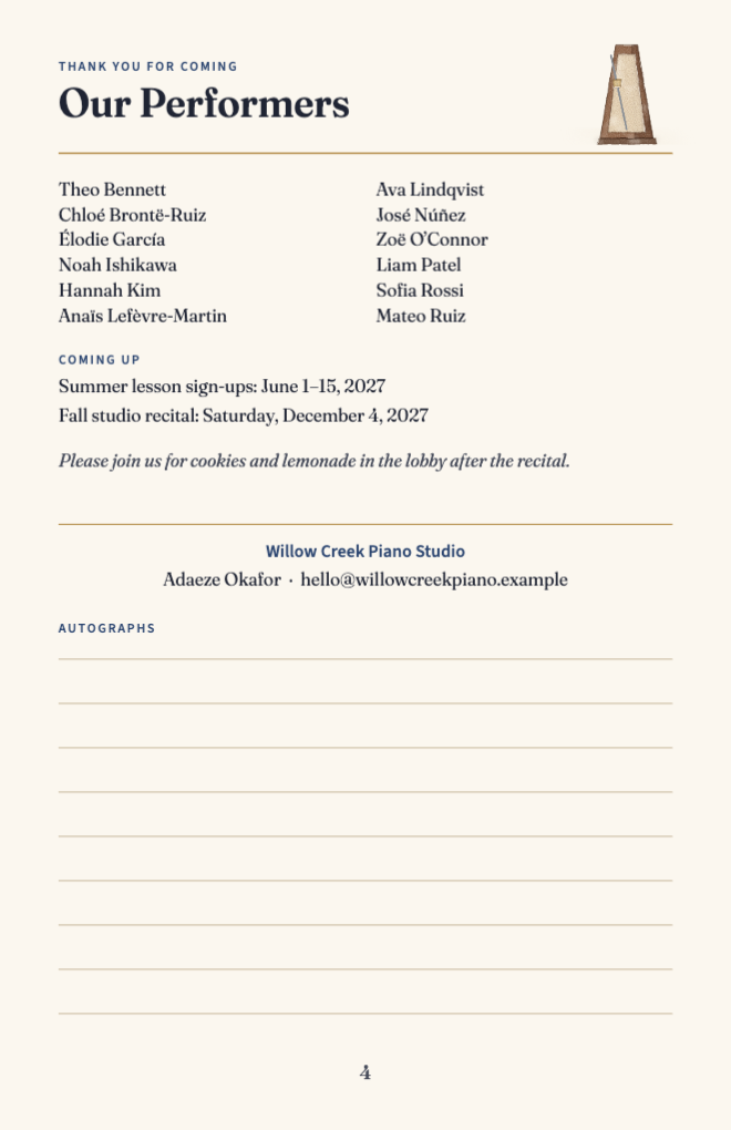 Back page with performers, coming events and the studio