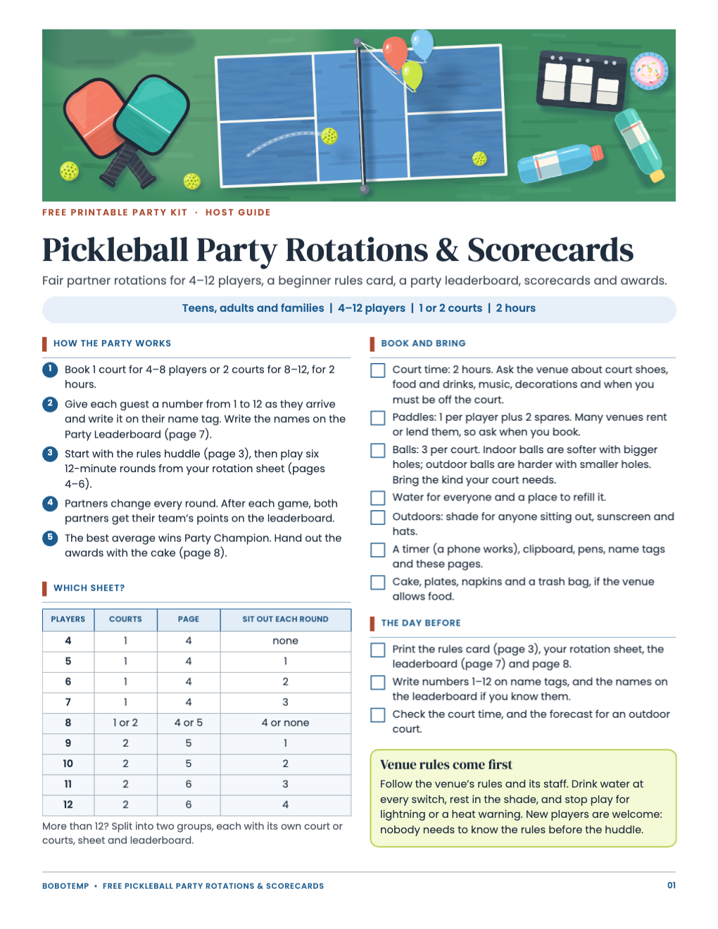 Host guide with a painted pickleball court hero, how the party works, which rotation sheet to use and a book-and-bring checklist