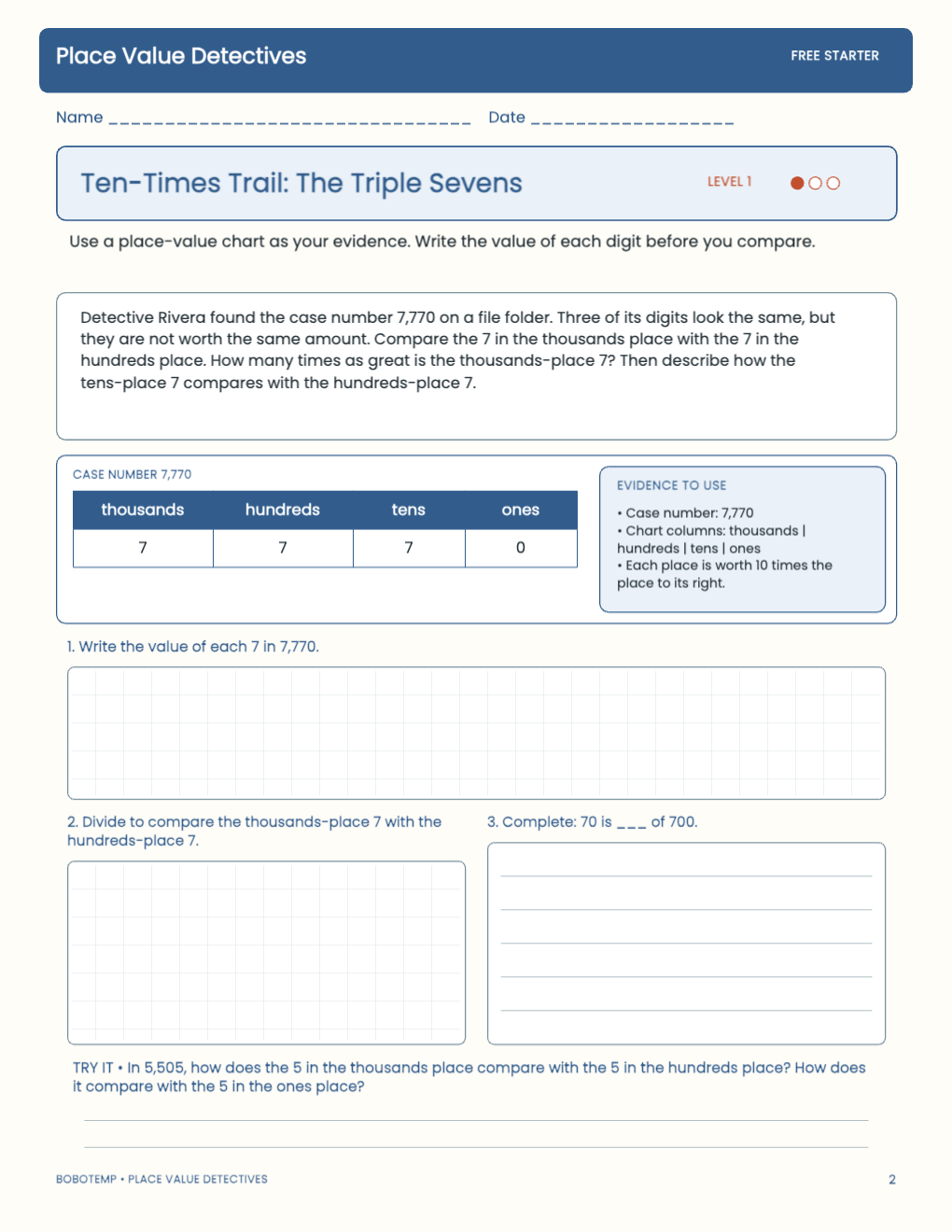 Place Value Detectives free activity page 1