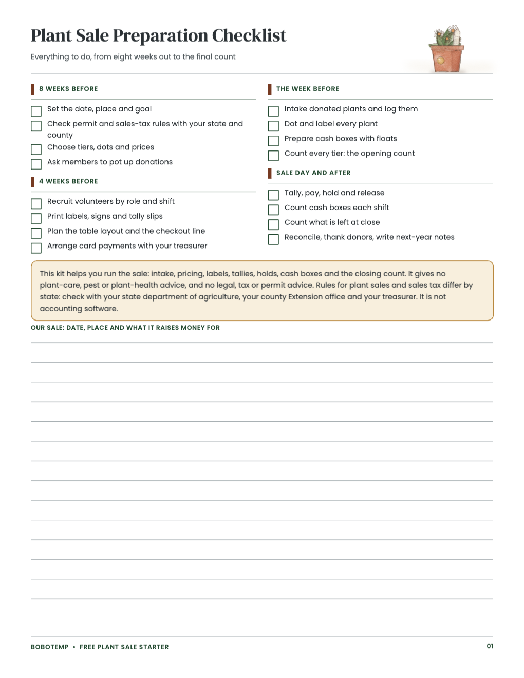 Plant sale preparation checklist from eight weeks out to the final count